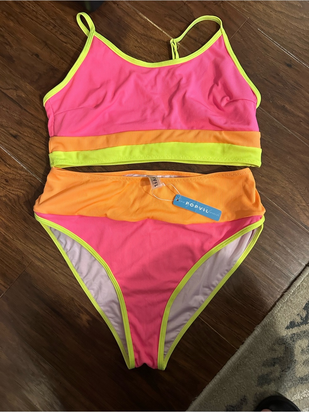 Popvil Neon Pink & Orange Two-Piece Swimsuit new with tags size XL